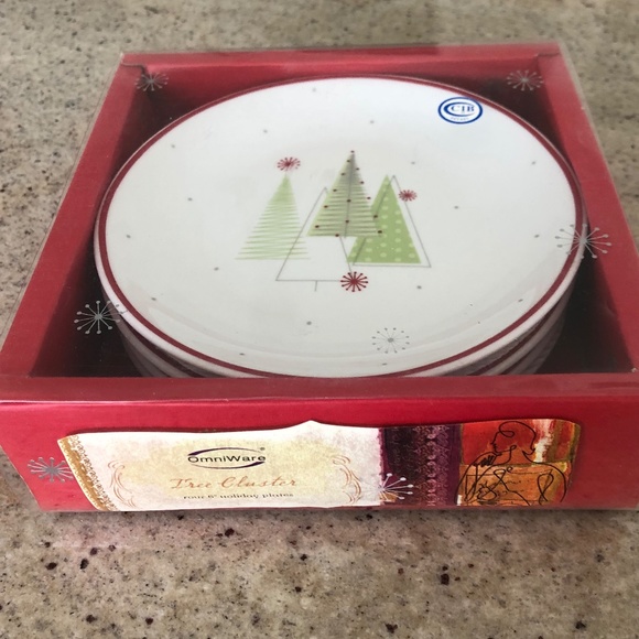 NWT Vintage MCM 6” Christmas Plates w/ Christmas Trees White/Green/Red - Picture 2 of 6